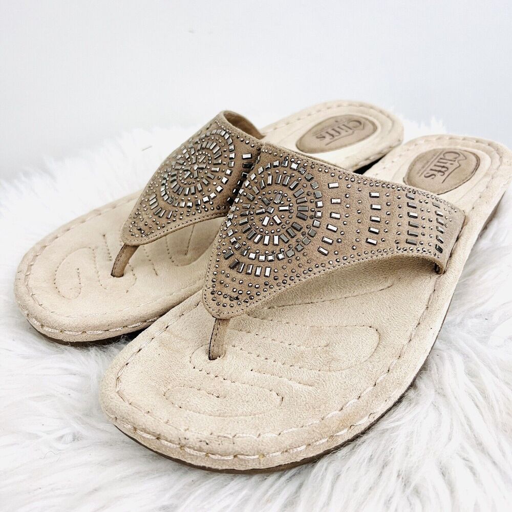 Cliffs Neutral Beige Silver Embellished Super Soft Slip on Sandals ~ Size 11
